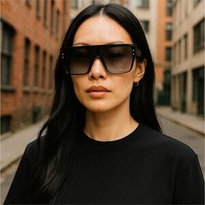 Frye Retro Oversized Squared Shield Sunglasses 100% UV Black Gray